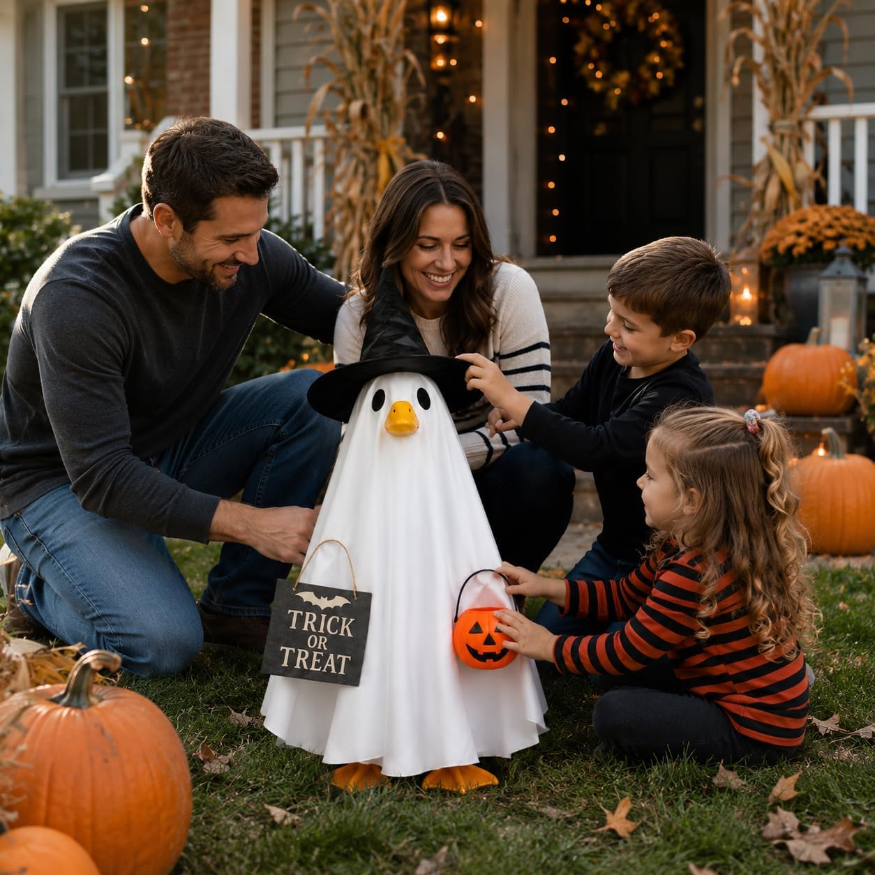 Halloween Porch Goose Outfits Ghost Costume with Witch Hat & Pumpkin Bag