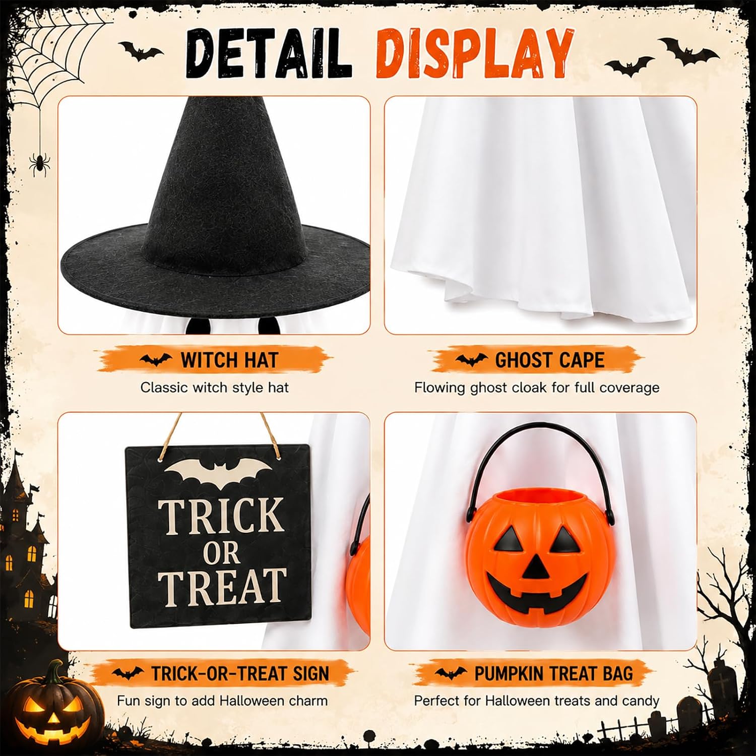 Halloween Porch Goose Outfits Ghost Costume with Witch Hat & Pumpkin Bag