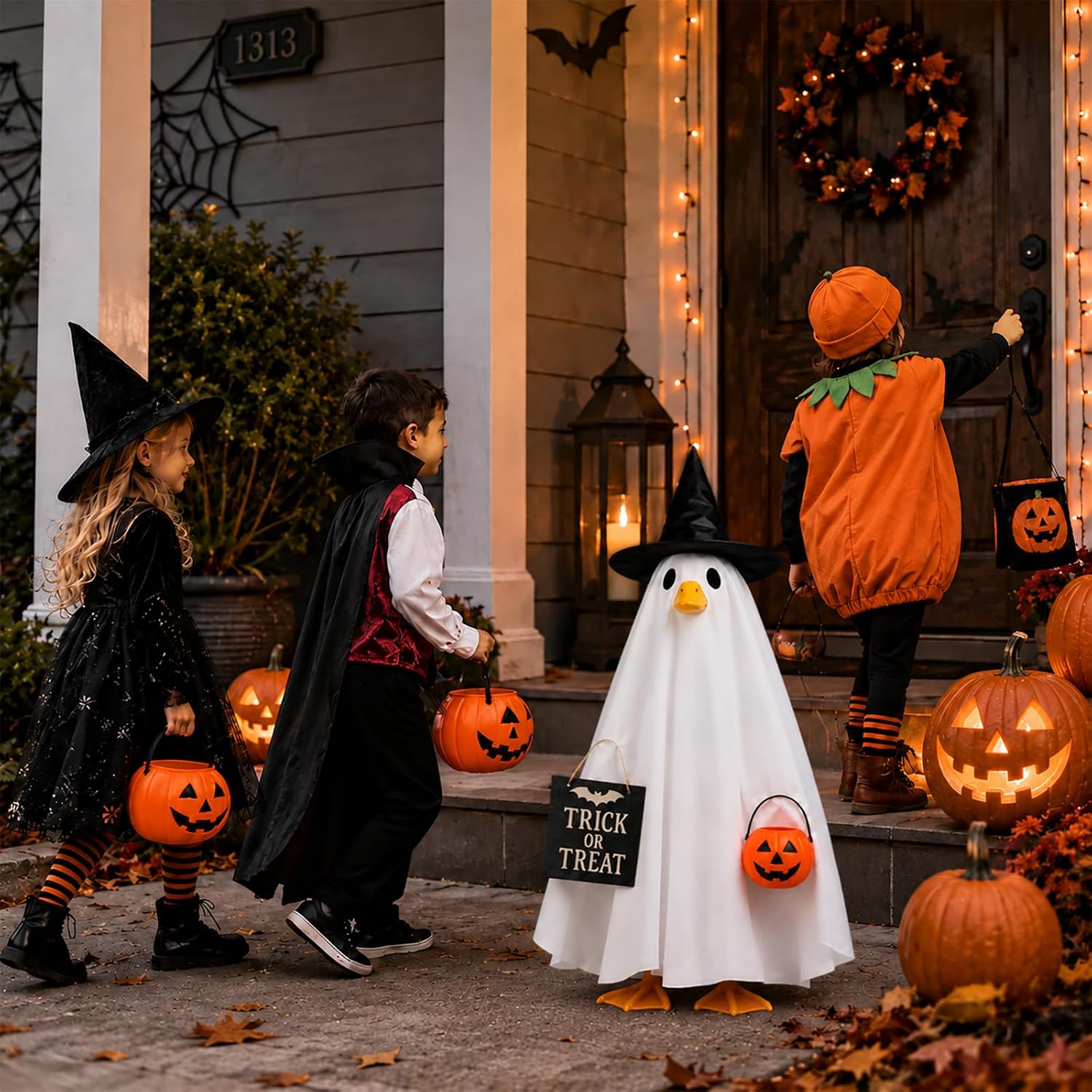 Halloween Porch Goose Outfits Ghost Costume with Witch Hat & Pumpkin Bag