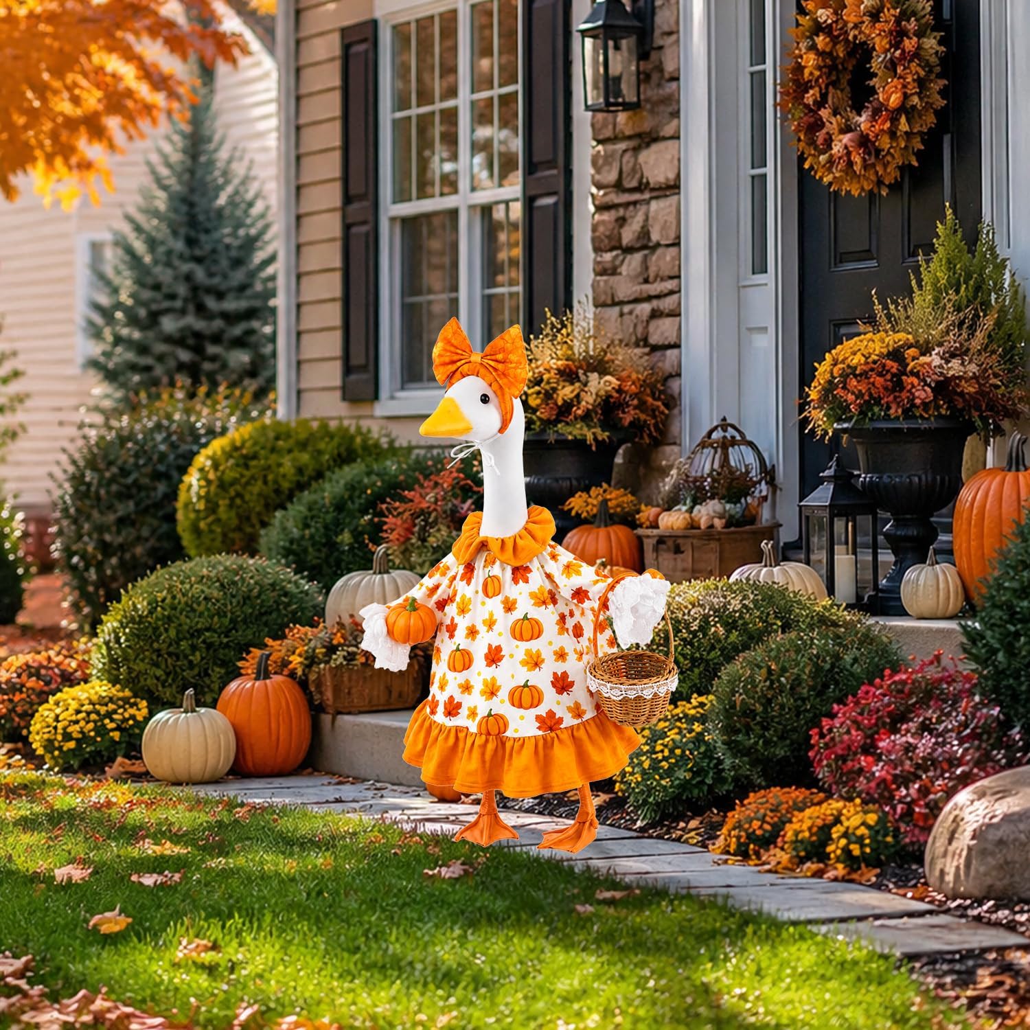 Fall Porch Goose Outfit Pumpkin Dress Goose Costume for Outdoor Lawn Decor