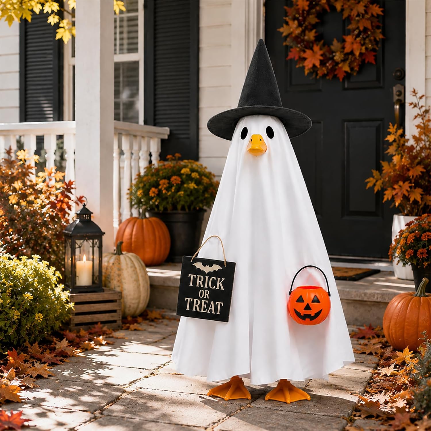Halloween Porch Goose Outfits Ghost Costume with Witch Hat & Pumpkin Bag