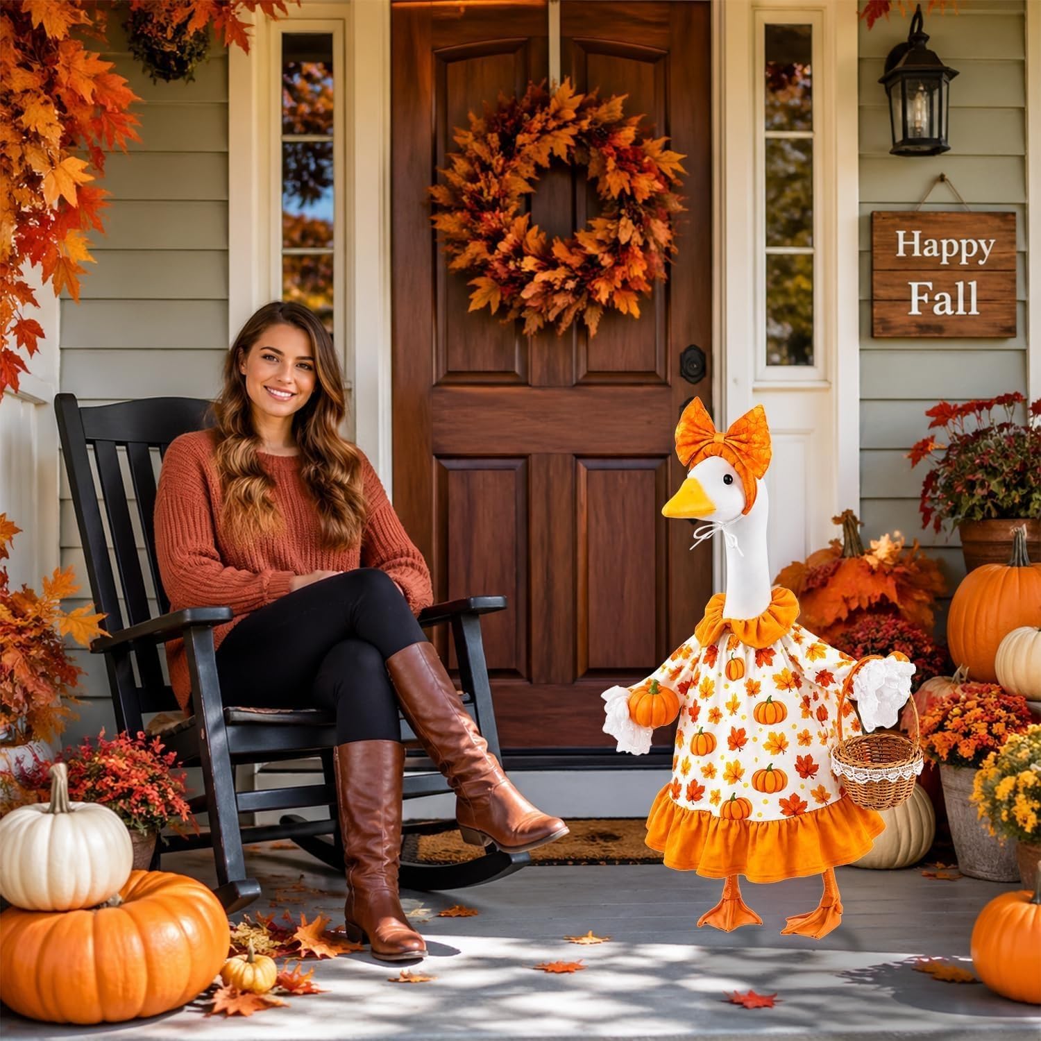 Fall Porch Goose Outfit Pumpkin Dress Goose Costume for Outdoor Lawn Decor