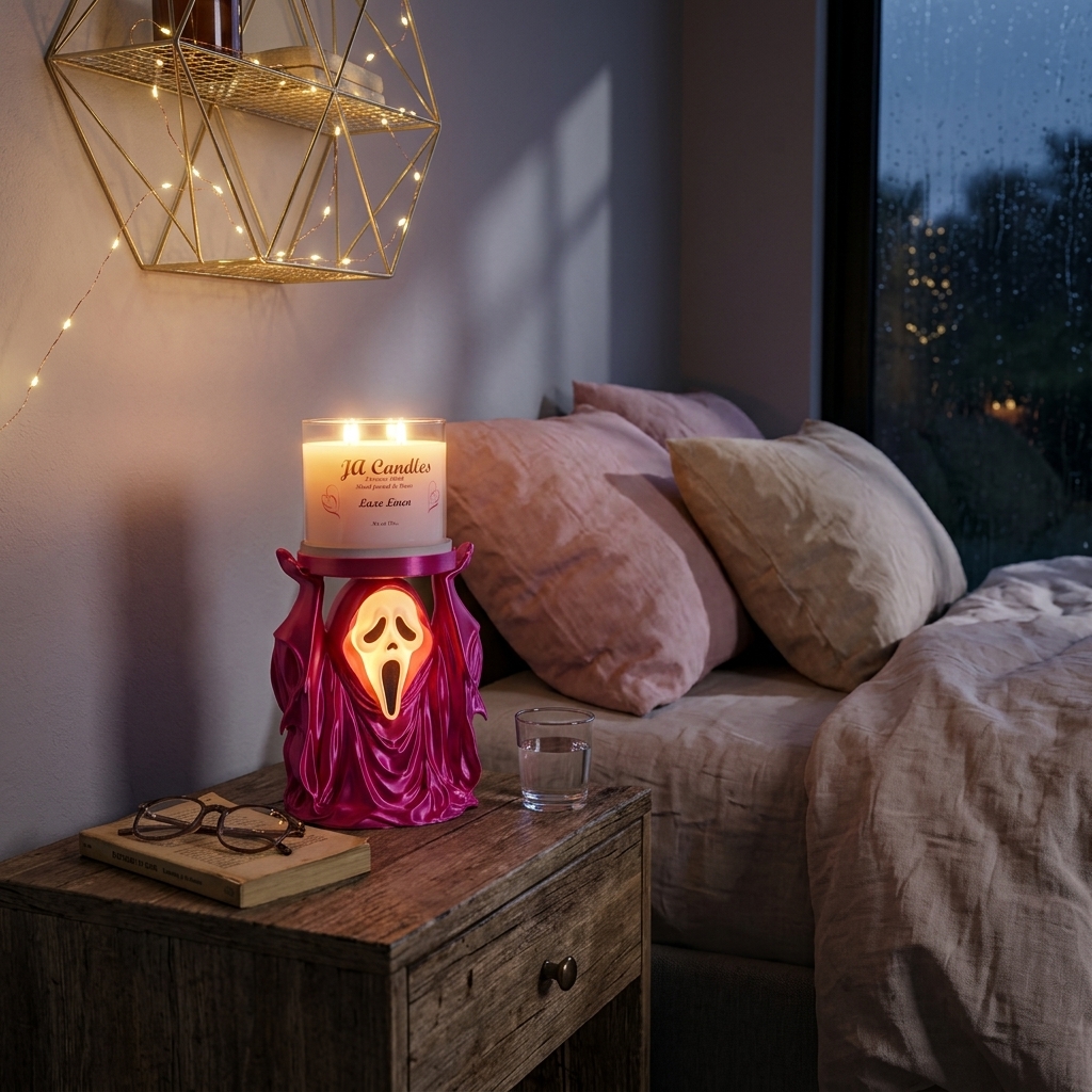 Large jar candle displayed on horror candle holder
