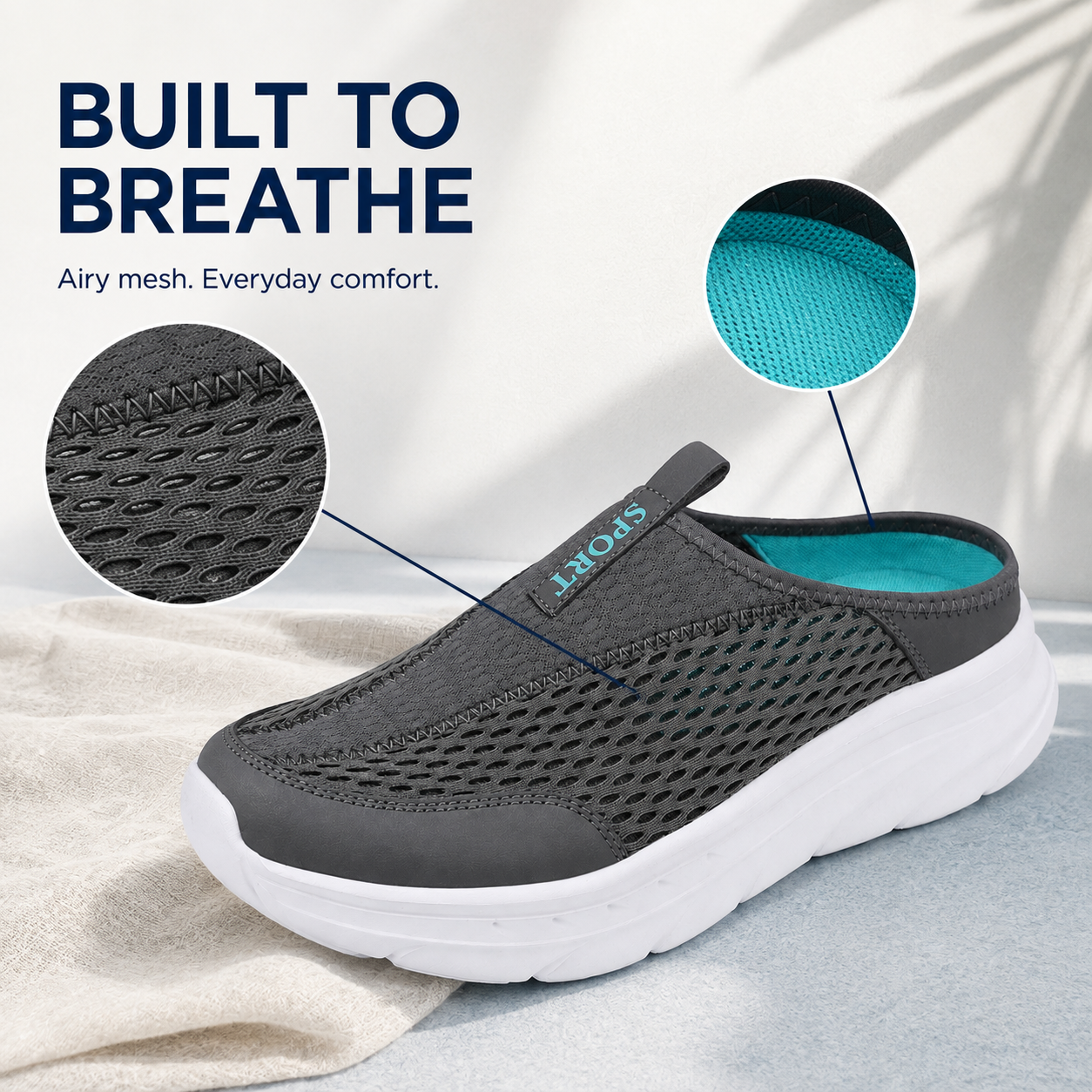 Quartz — Men's Ventilated-Mesh Backless Slip-On Sneakers