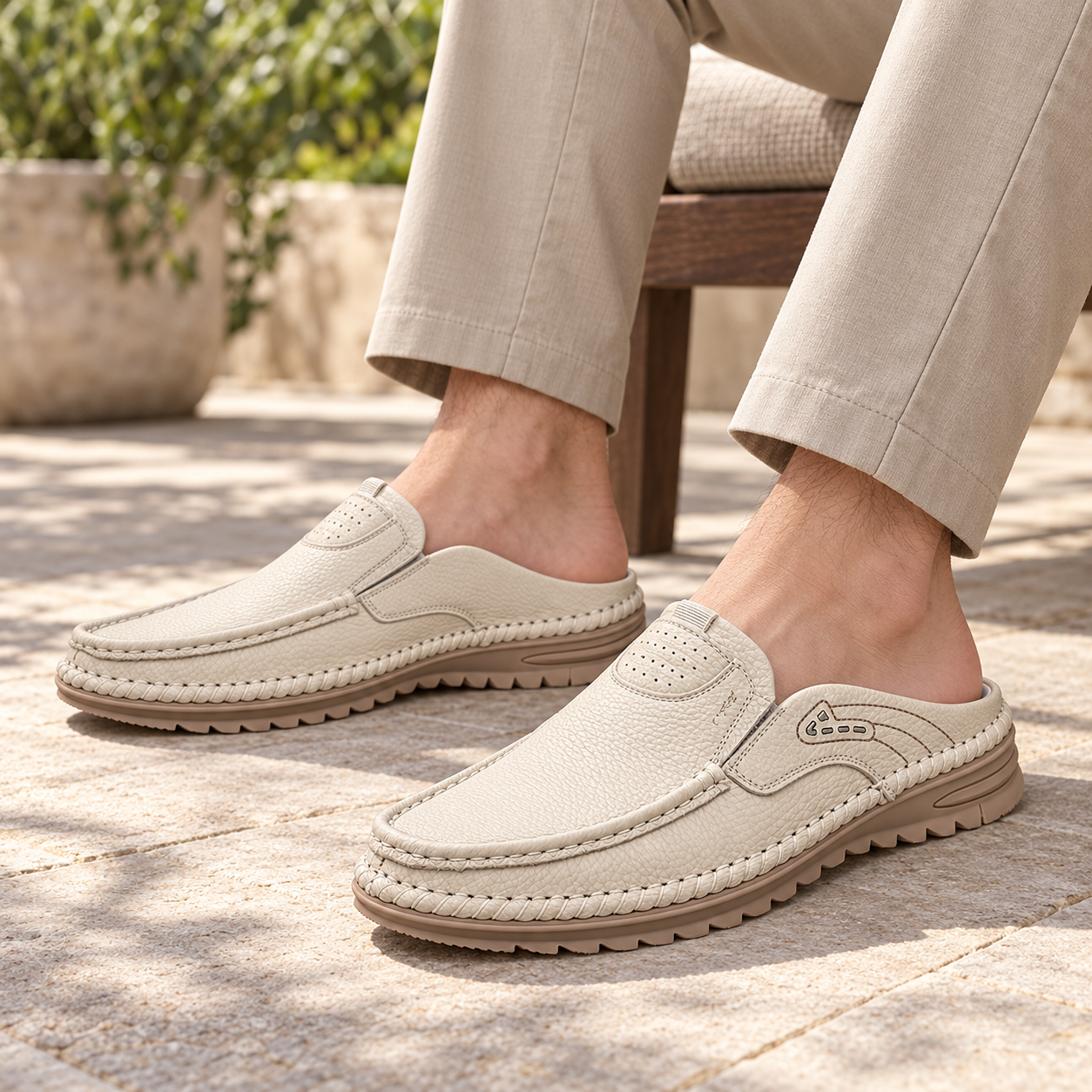 Man wearing ivory Cedar backless mules with beige chinos on a dry stone patio.