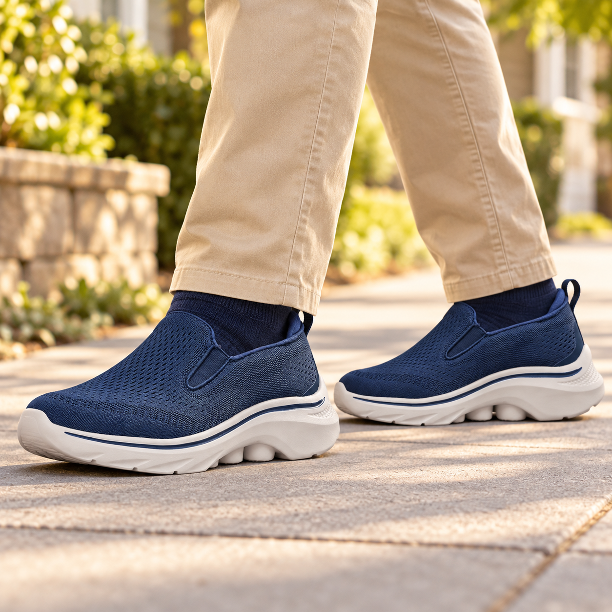 Navy Motion slip-on sneakers worn with beige chinos on a dry outdoor walkway.