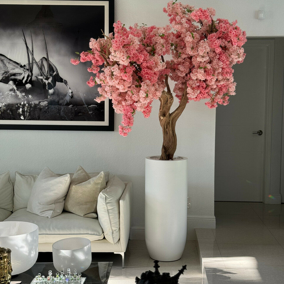 Most popular matt white st tropez planter with custom made pink cherry blossom tree