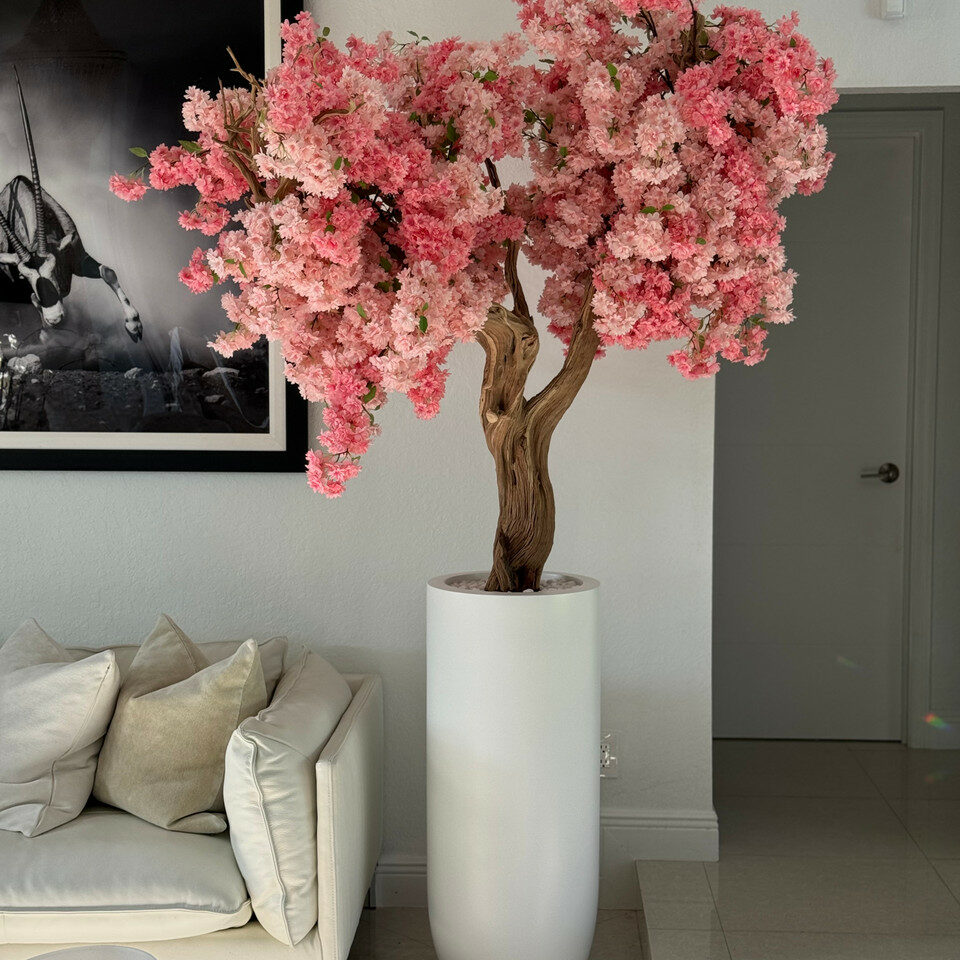 Most popular matt white st tropez planter with custom made pink cherry blossom tree