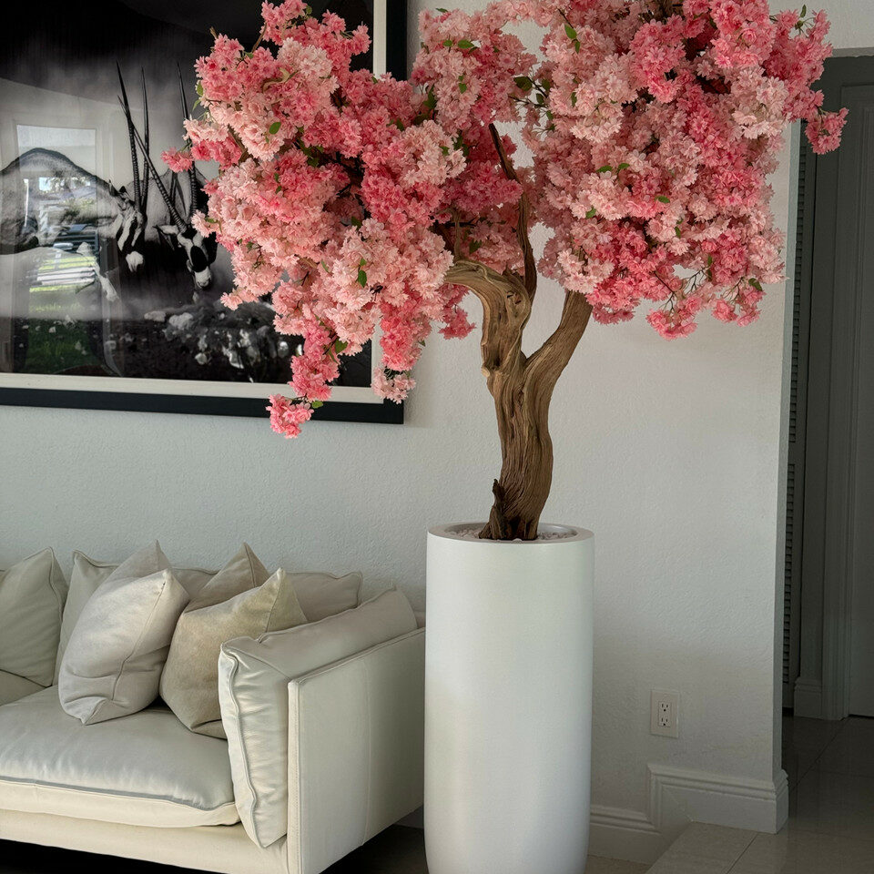 Most popular matt white st tropez planter with custom made pink cherry blossom tree