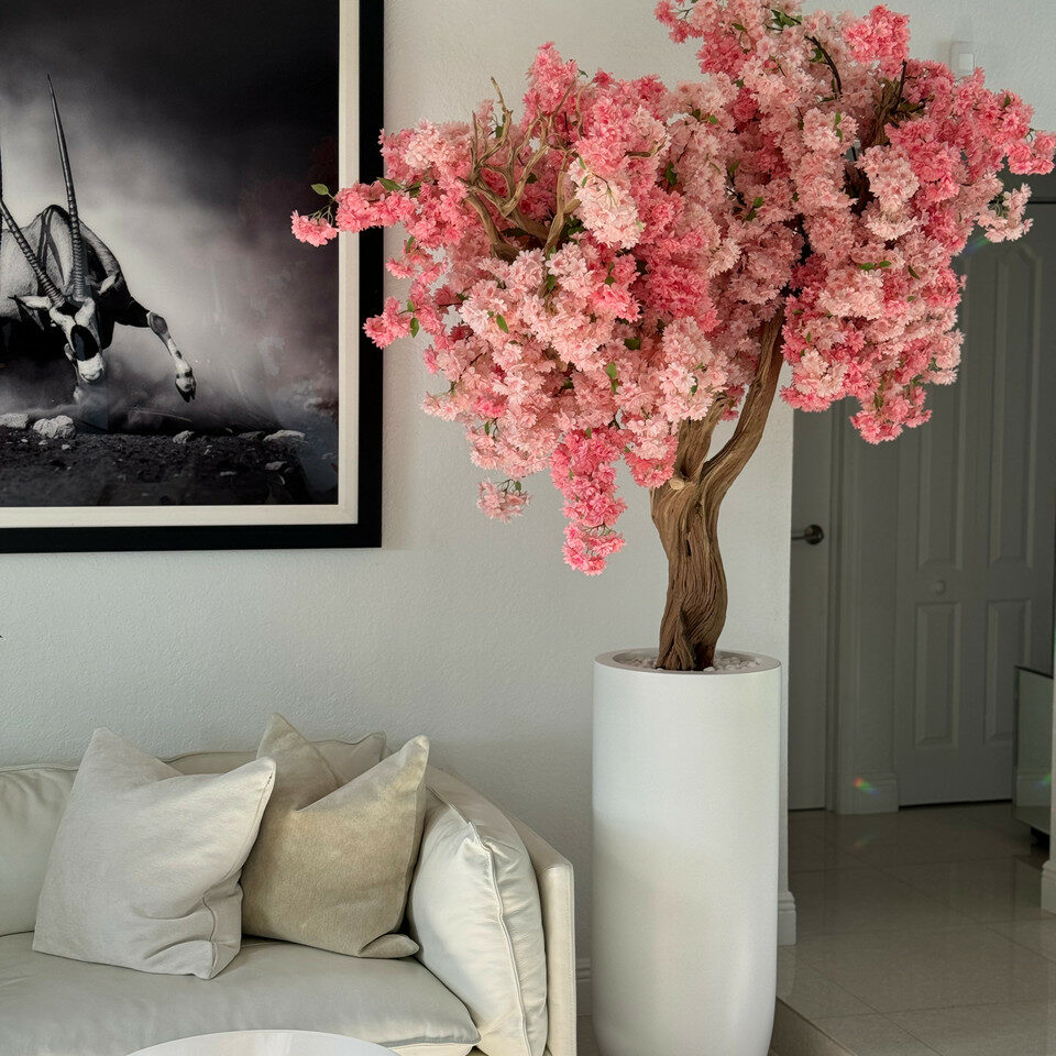 Most popular matt white st tropez planter with custom made pink cherry blossom tree