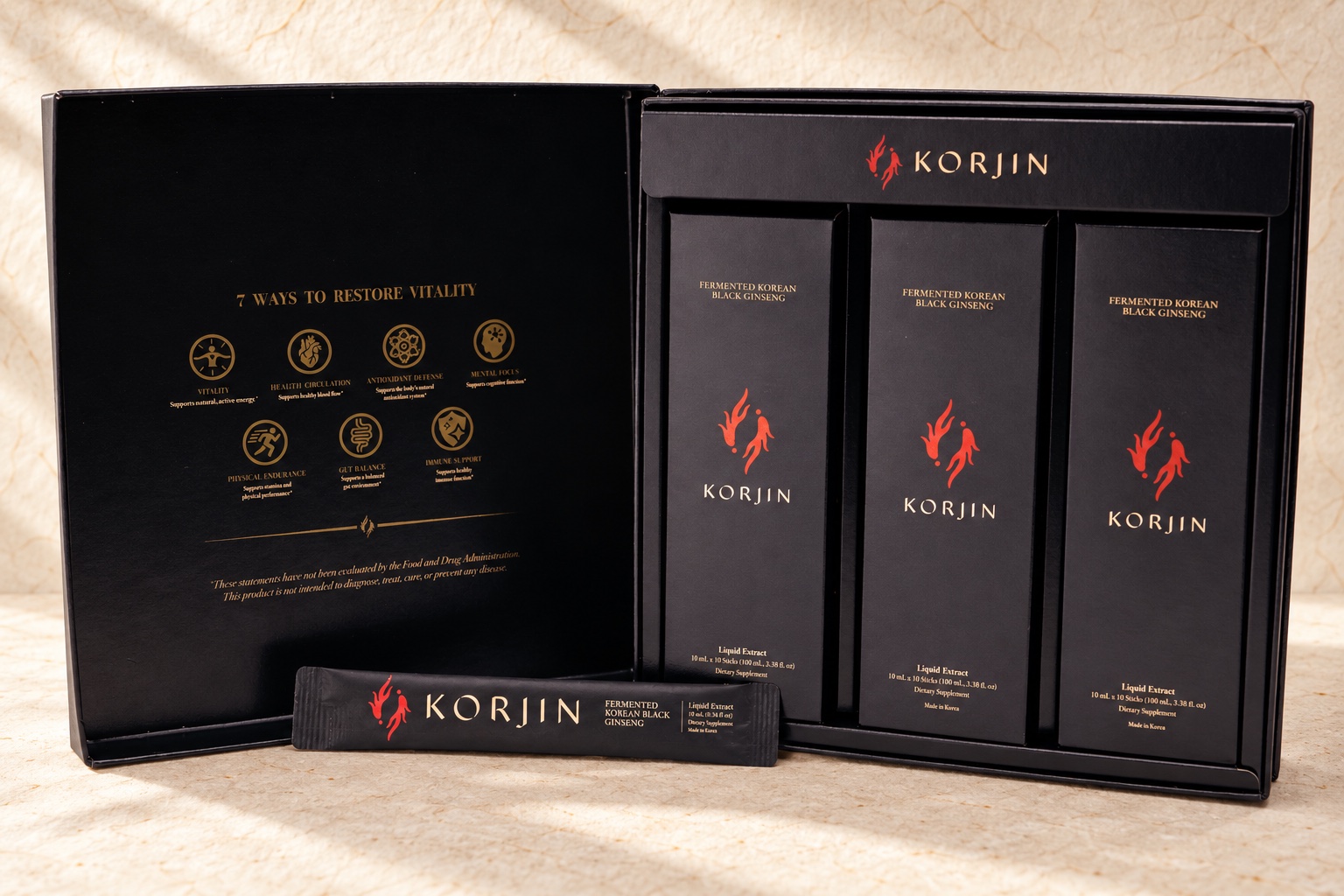 The open Korjin 30-pack: the lid's 7 ways to restore vitality beside three 10-stick boxes and a stick