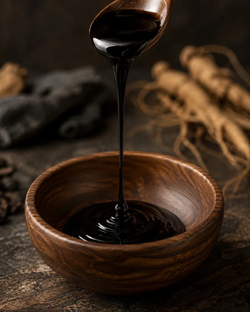 Fermented black ginseng extract pouring into a wooden bowl
