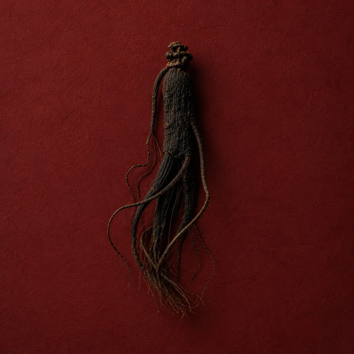 A whole dried ginseng root on an oxblood ground
