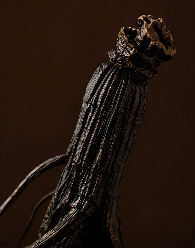 Macro detail of a dried black ginseng root