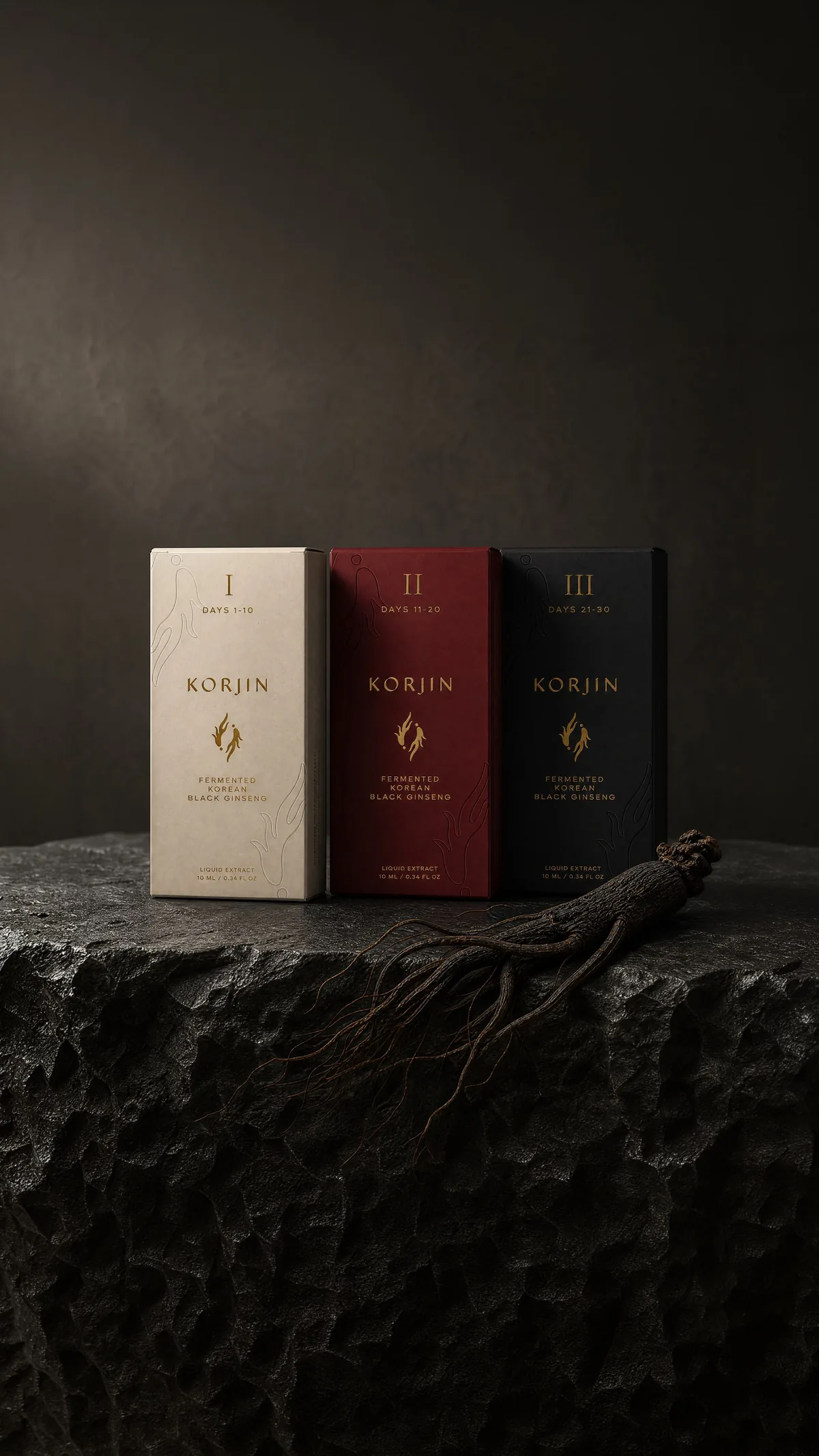 Korjin packaging standing on dark stone beside a dried ginseng root