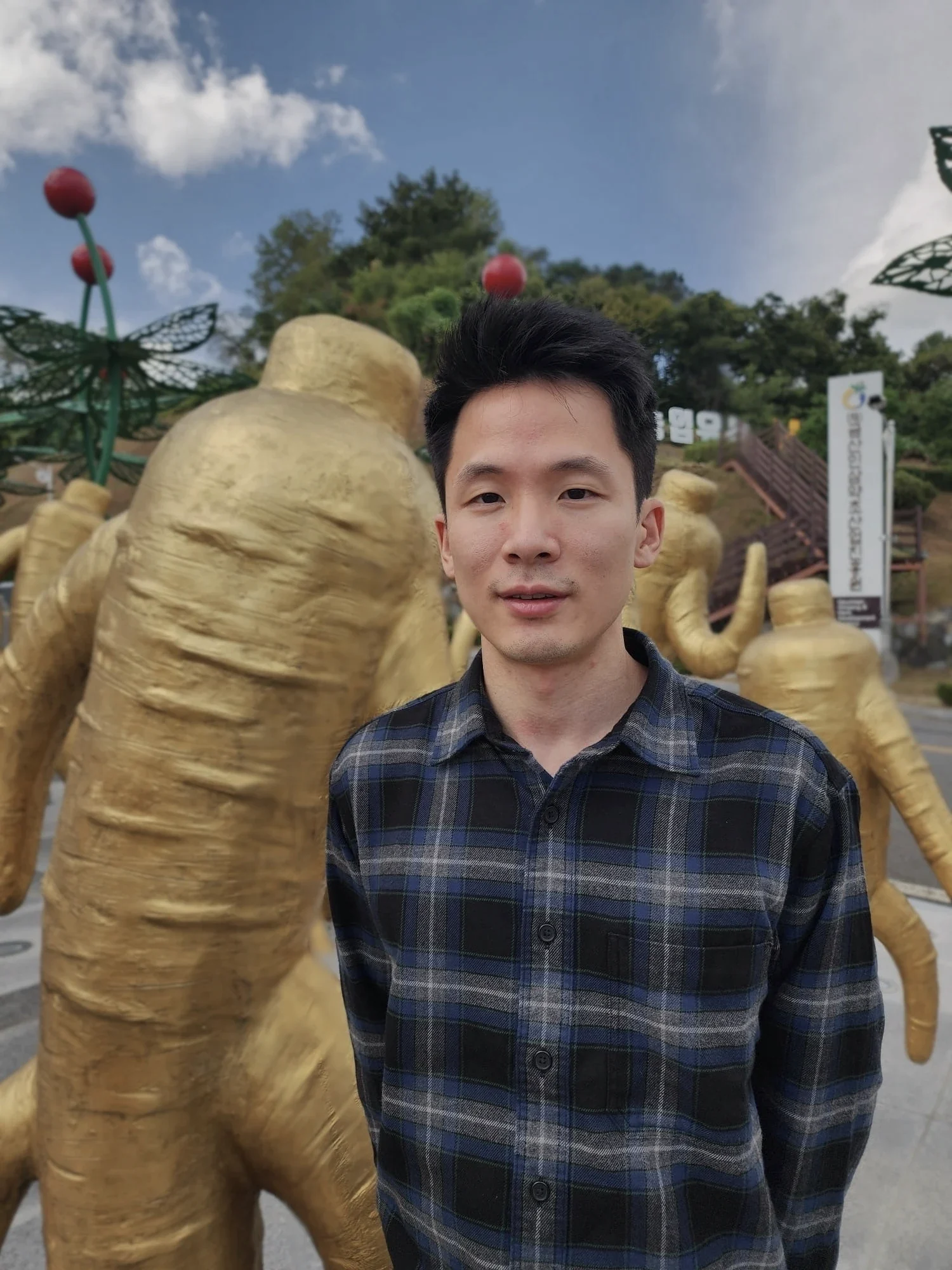 Justin H. Chung among the golden ginseng sculptures in Geumsan