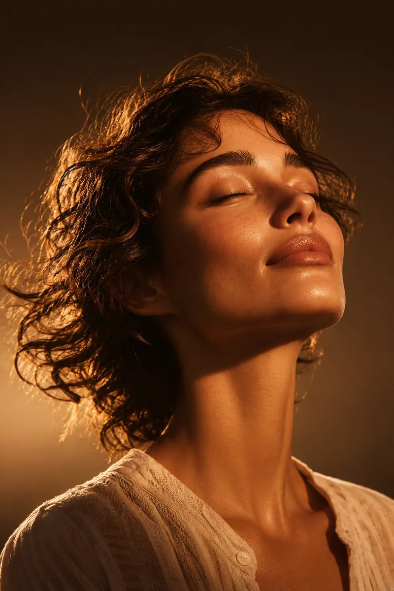 A woman with her eyes closed, face lifted into warm light