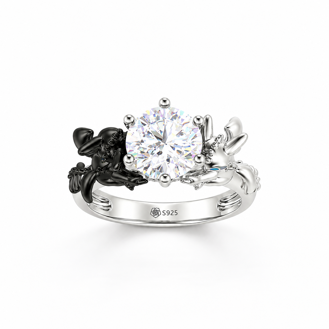 Helirose Hug Me "Strongest Romance" Dragon Couple Round Cut Sterling Silver Ring