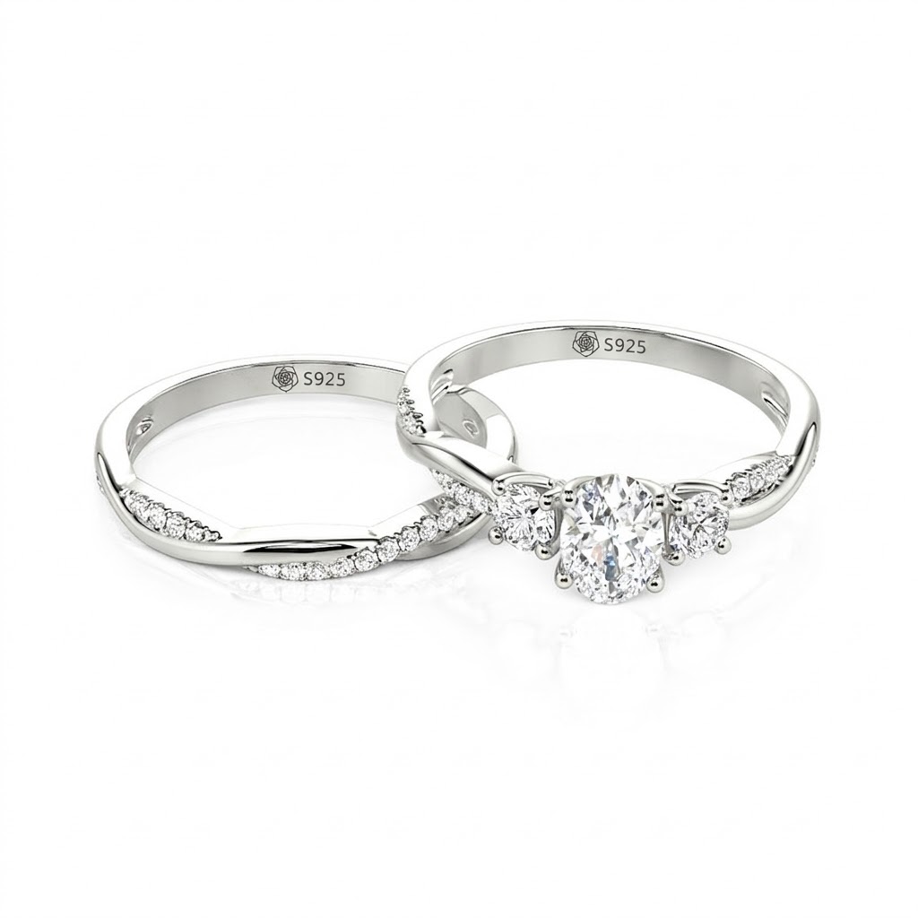 Jeulia Classic Twist Round Three-Stone Ring Set