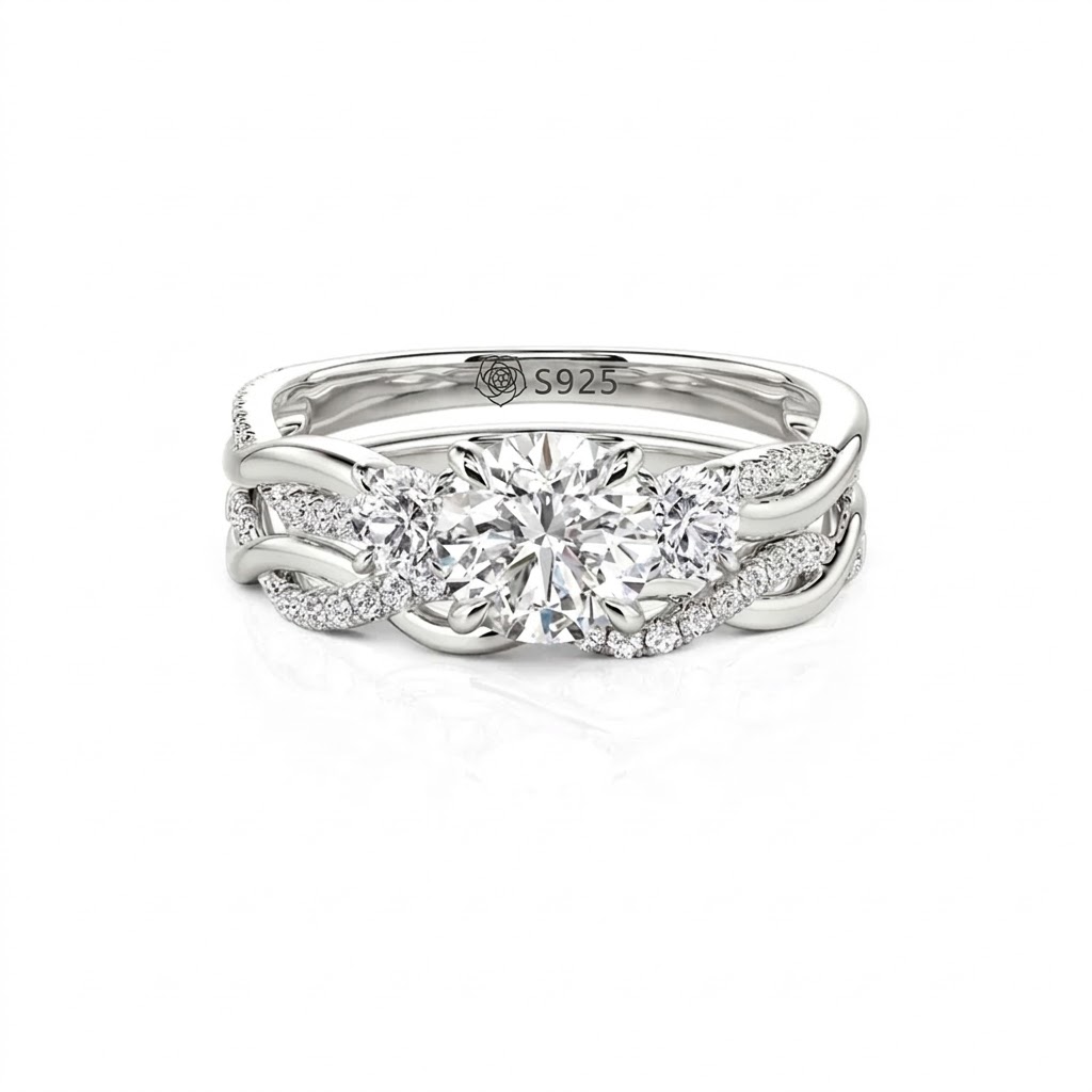 Jeulia Classic Twist Round Three-Stone Ring Set