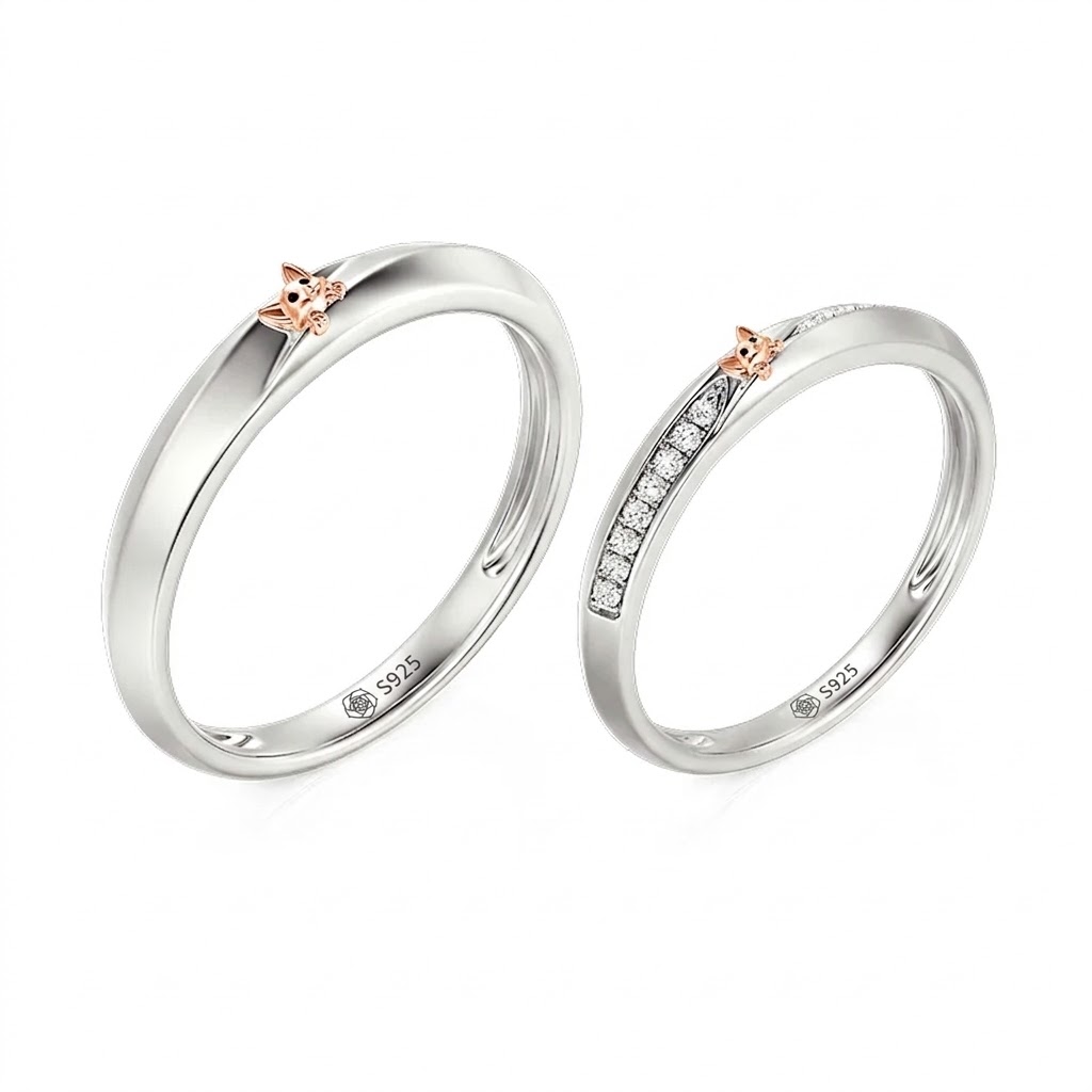 Halirose Two Tone Crossover Peekaboo Cat Couple Ring Set