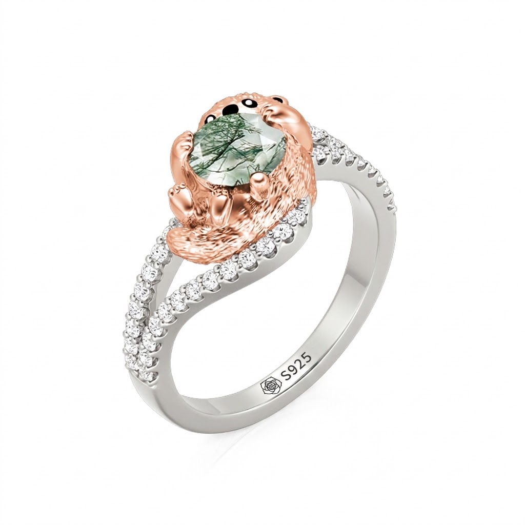 Jeulia Hug Me Two Tone Otter Ring with Round Moss Agate