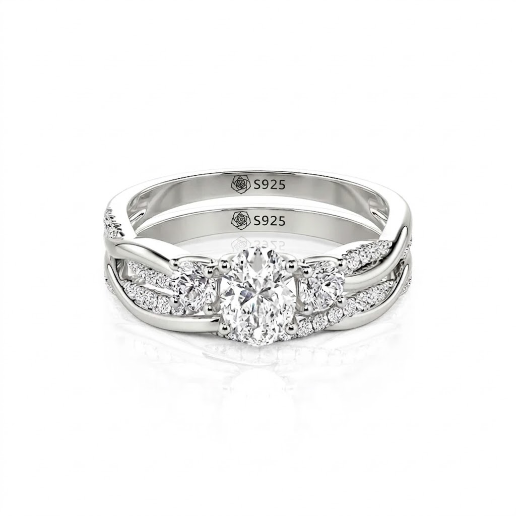 Jeulia Classic Twist Round Three-Stone Ring Set
