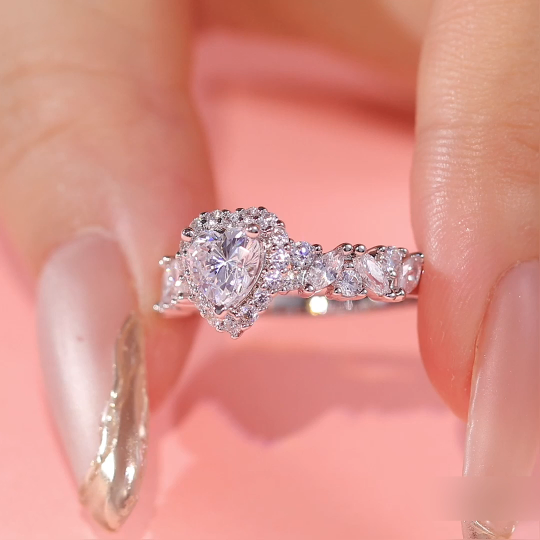 Helirose Halo Cluster Heart Engagement Ring with Eternity Band