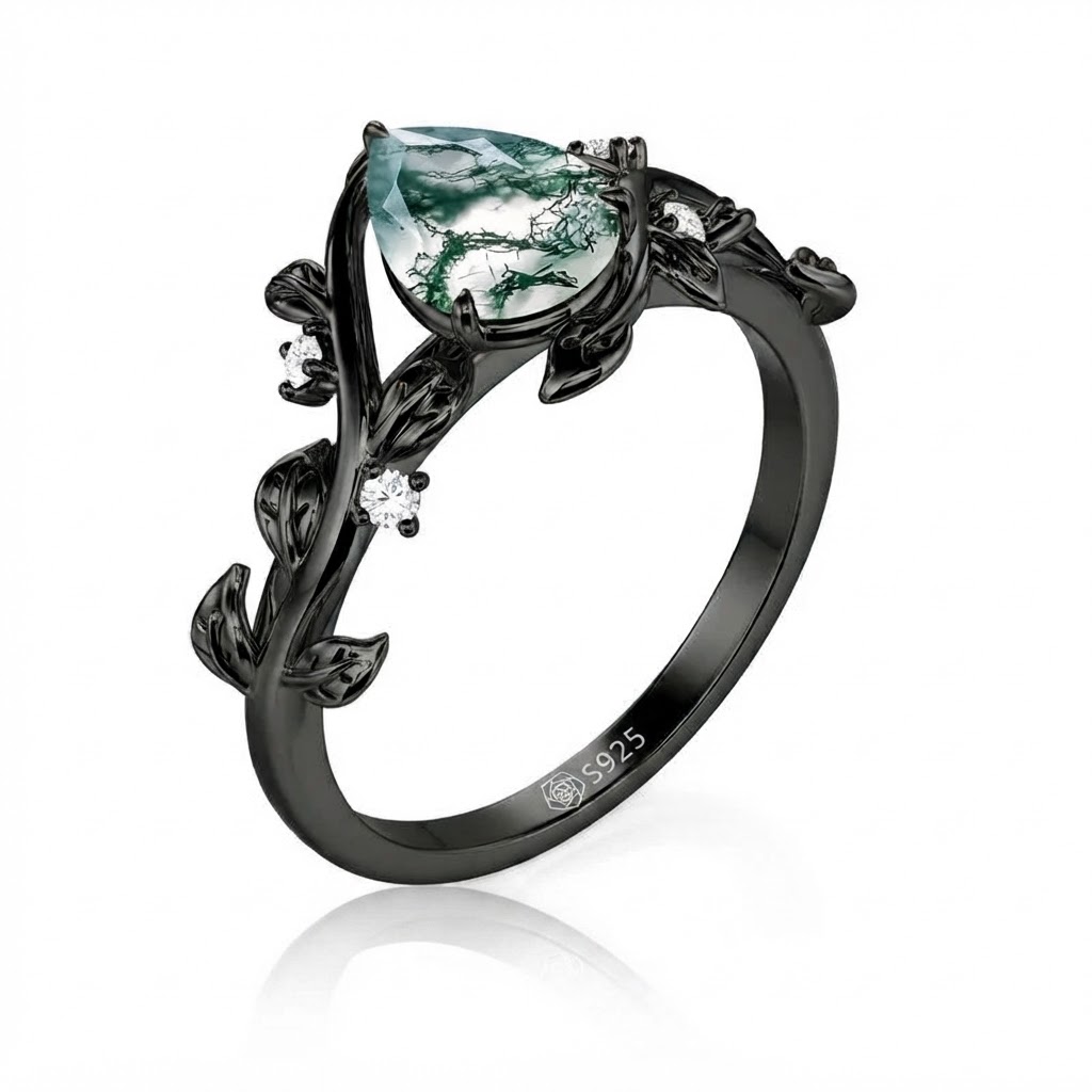 Jeulia Gothic Black Pear Shaped Moss Agate Engagement Ring