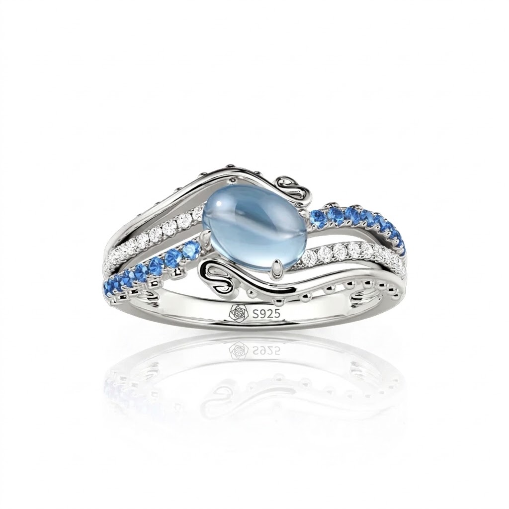 Jeulia Bypass Ocean Wave Oval Blue Topaz Engagement Ring