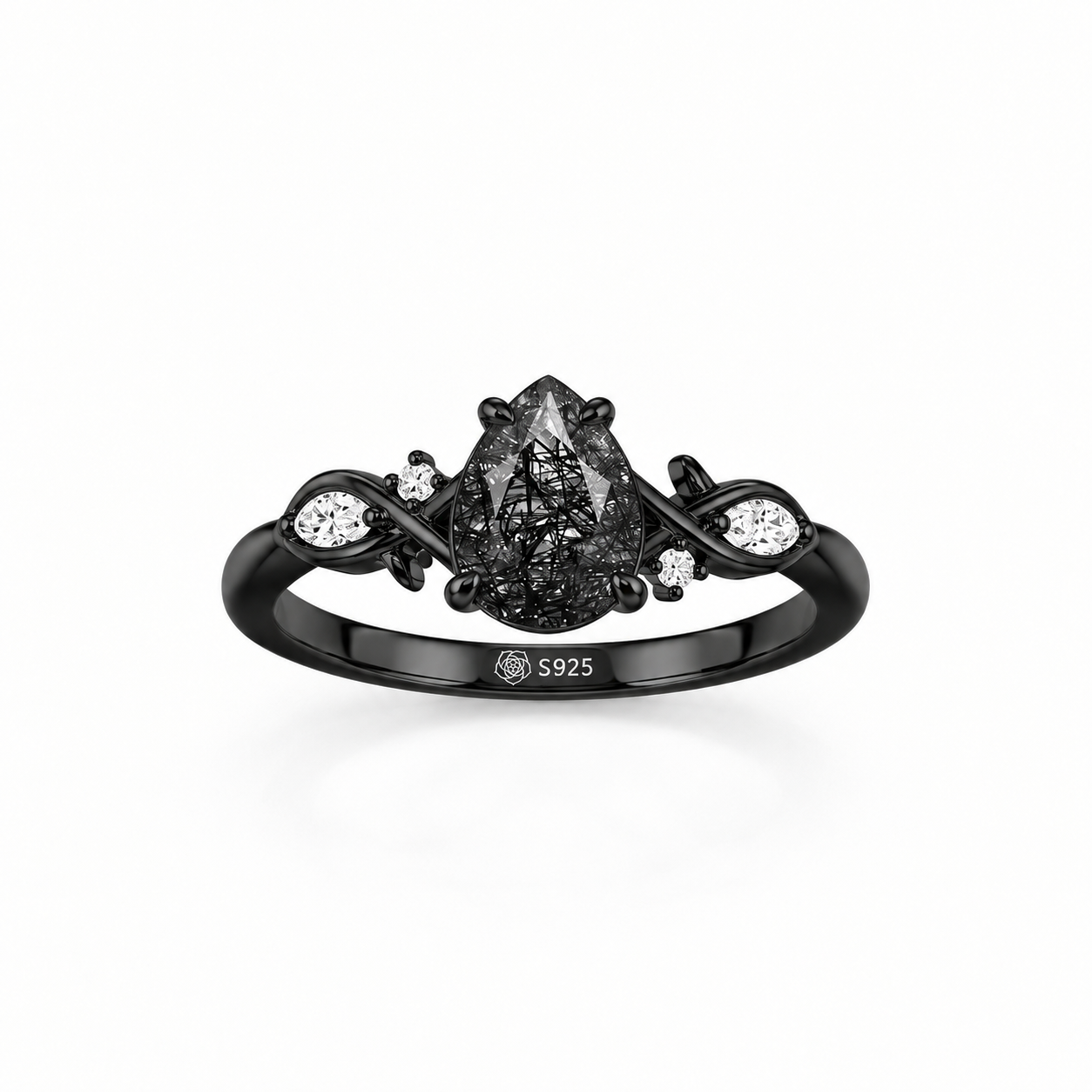 Helirose Gothic Pear-Shaped Black Rutilated Quartz Ring