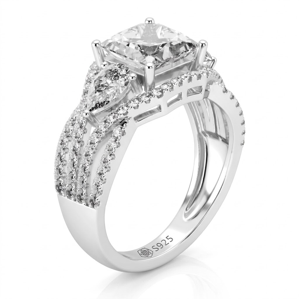 Halirose Three Stone Princess Cut Sterling Silver Ring