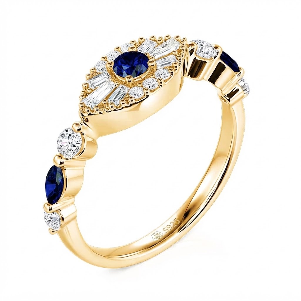 Helirose Mystical Gold Evil Eye Protection Ring in Sterling Silver