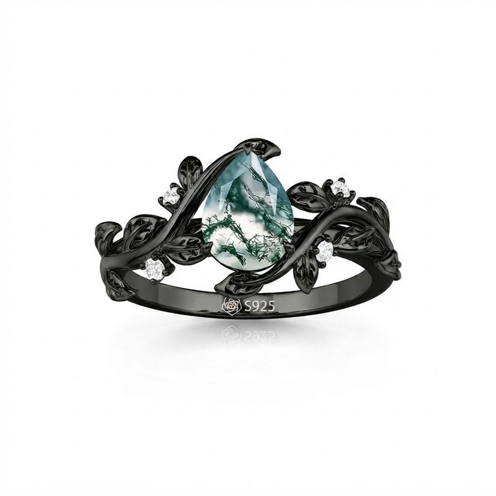 Jeulia Gothic Black Pear Shaped Moss Agate Engagement Ring