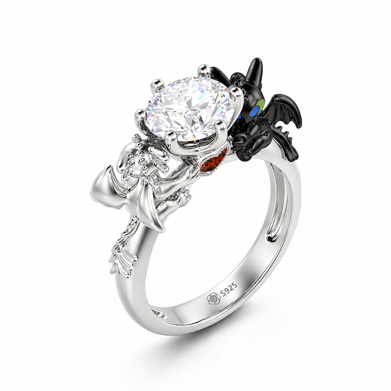 Helirose Hug Me "Strongest Romance" Dragon Couple Round Cut Sterling Silver Ring
