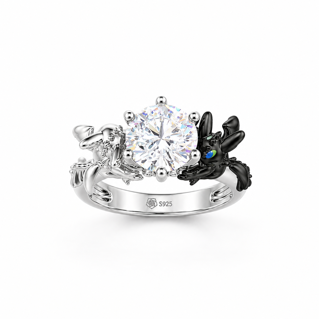 Helirose Hug Me "Strongest Romance" Dragon Couple Round Cut Sterling Silver Ring