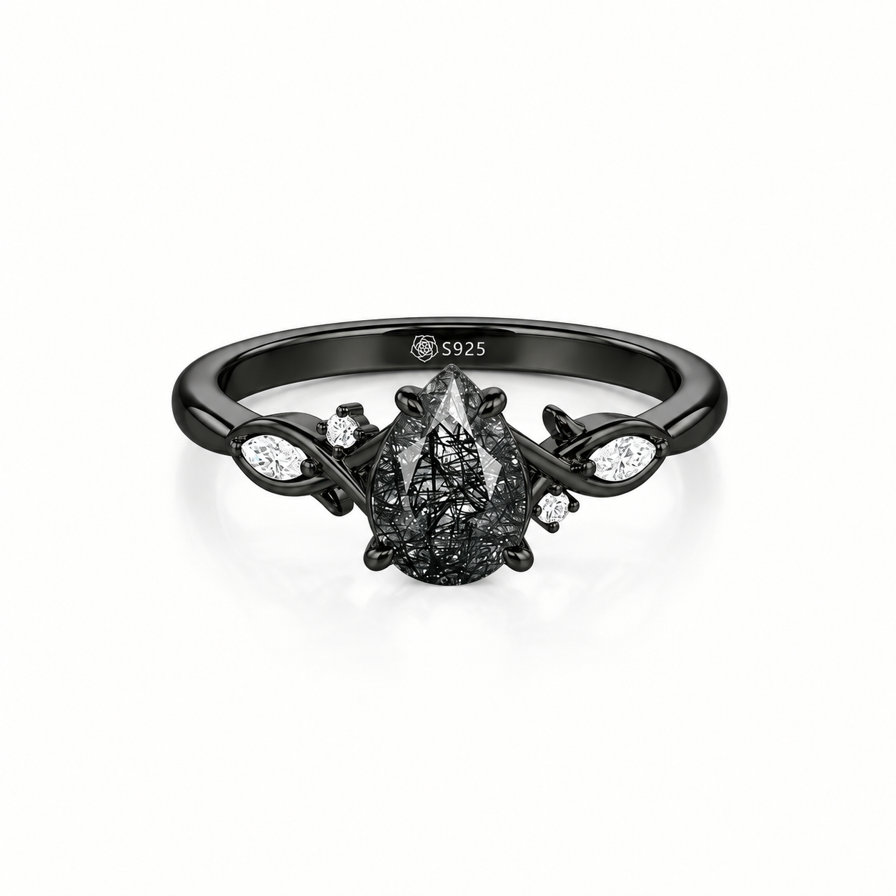 Helirose Gothic Pear-Shaped Black Rutilated Quartz Ring