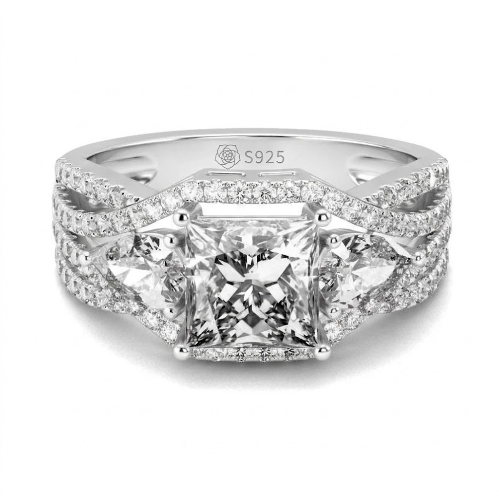 Halirose Three Stone Princess Cut Sterling Silver Ring