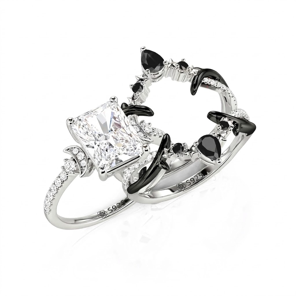Jeulia Luna Astra Thorn Radiant Cut Moon and Star Engagement Ring Set