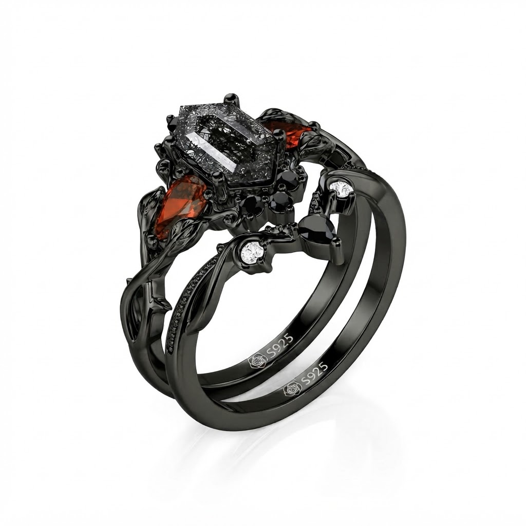 Jeulia Gothic Thorn Hexagon Black Rutilated Quartz Ring Set