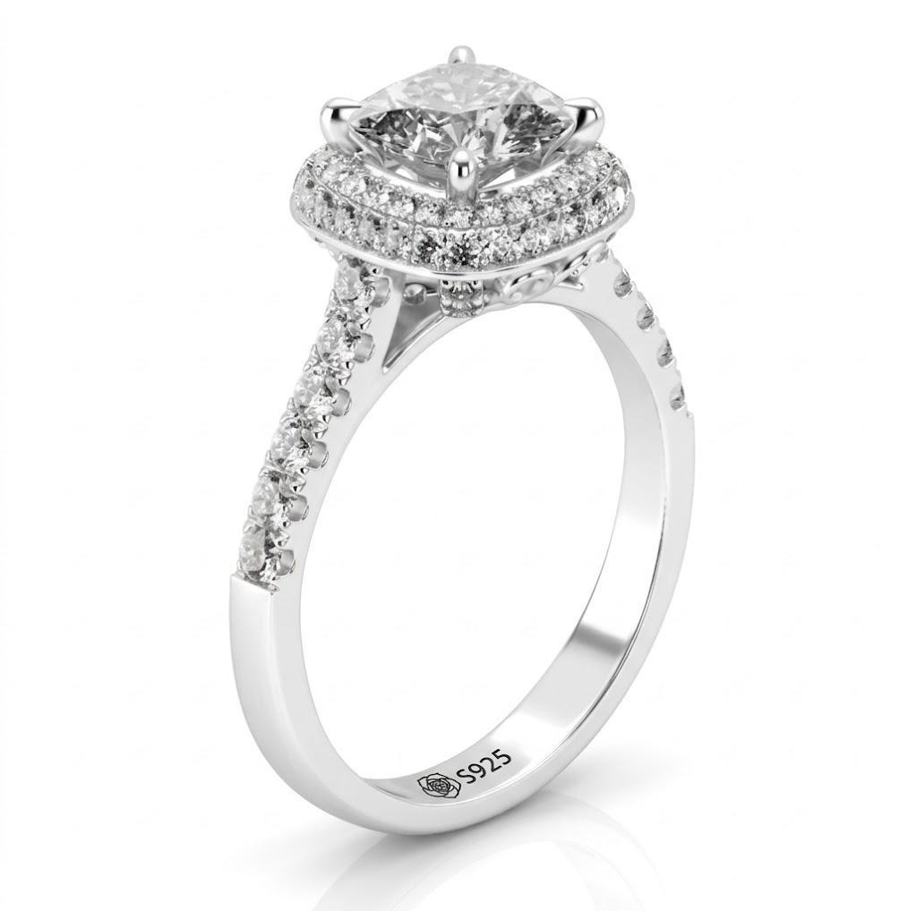 Halirose Double Halo Cushion Cut Sterling Silver Ring