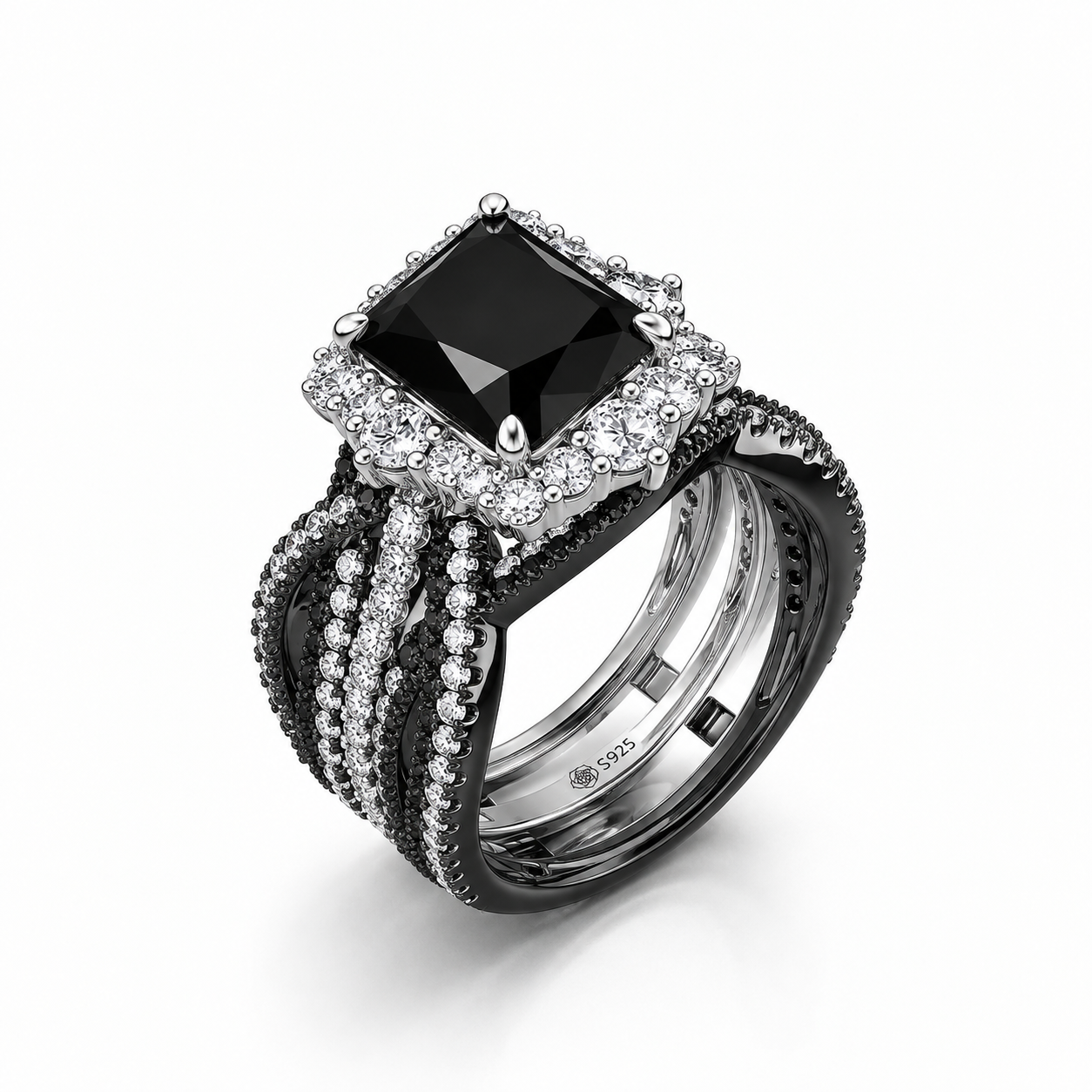 Helirose Twisted Interchangeable Black Radiant Halo Engagement Ring Set