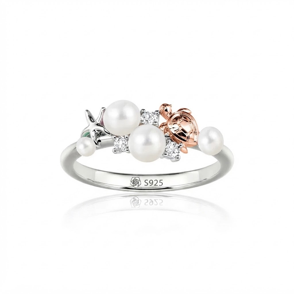 Jeulia Summer Two Tone Ocean Turtle Starfish Pearl Ring