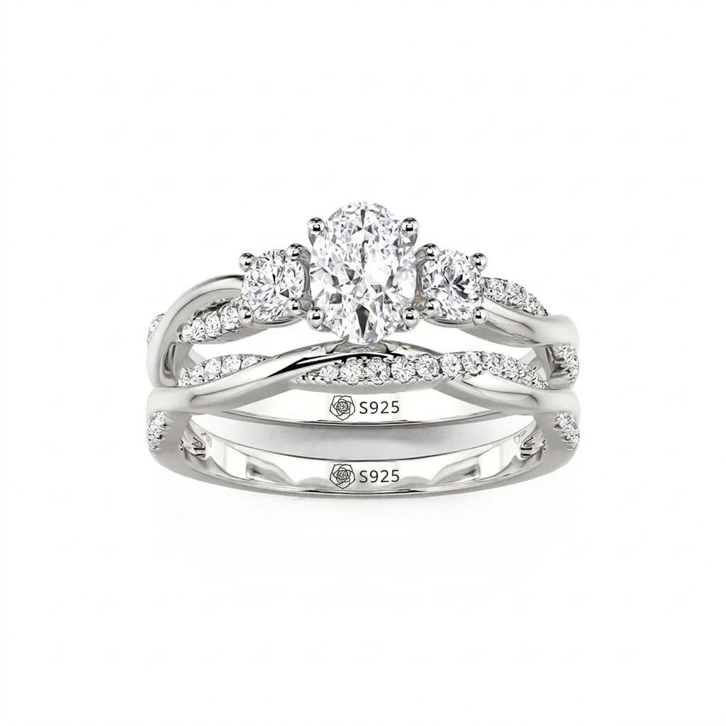 Jeulia Classic Twist Round Three-Stone Ring Set