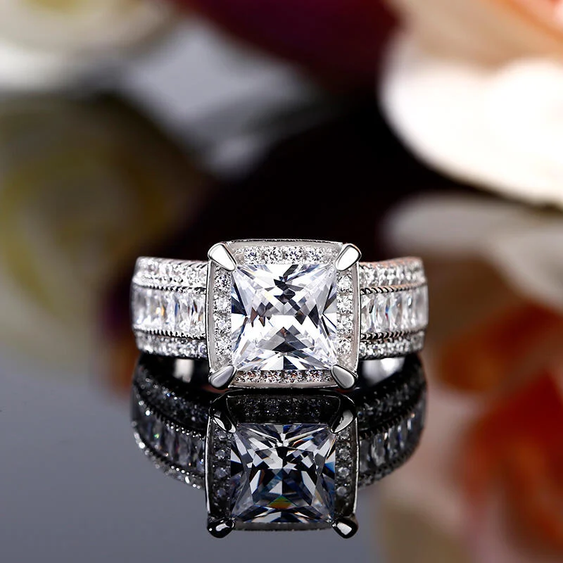 Jeulia Halo Princess Cut Sterling Silver Ring