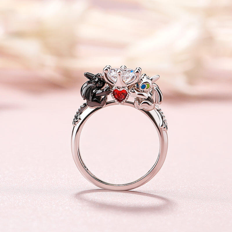 Jeulia Hug Me "Strongest Romance" Dragon Couple Round Cut Sterling Silver Ring