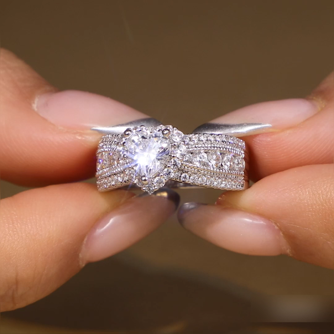 Helirose Vintage Heart Halo Three Row Pave Engagement Ring
