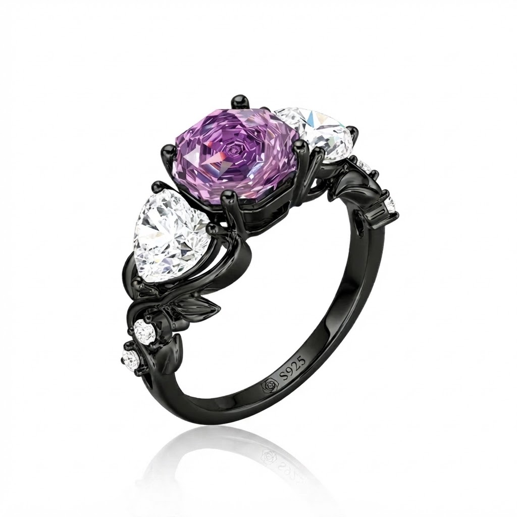Jeulia Midsummer Night "Love-in-idleness" Three Stone Purple Rose Ring