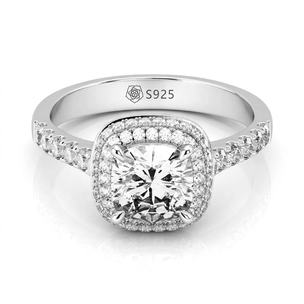 Halirose Double Halo Cushion Cut Sterling Silver Ring