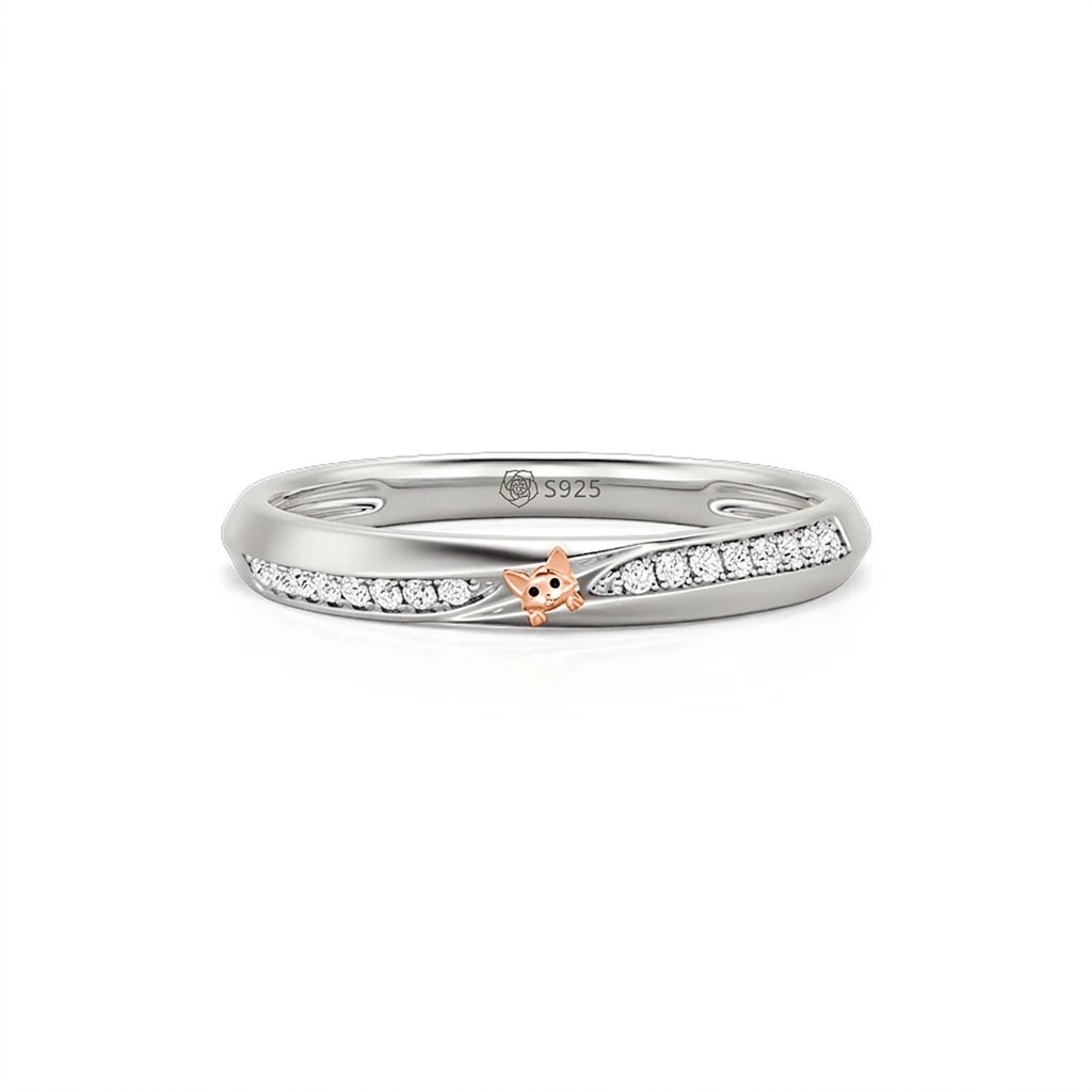 Halirose Two Tone Crossover Peekaboo Cat Couple Ring Set